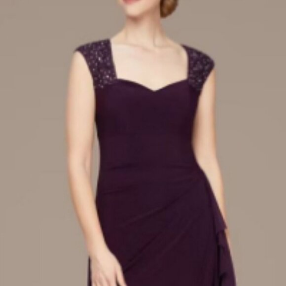 Alex Evenings Embellished Shoulder Long Dress with Tulip Skirt Plum 18 - Picture 2 of 8